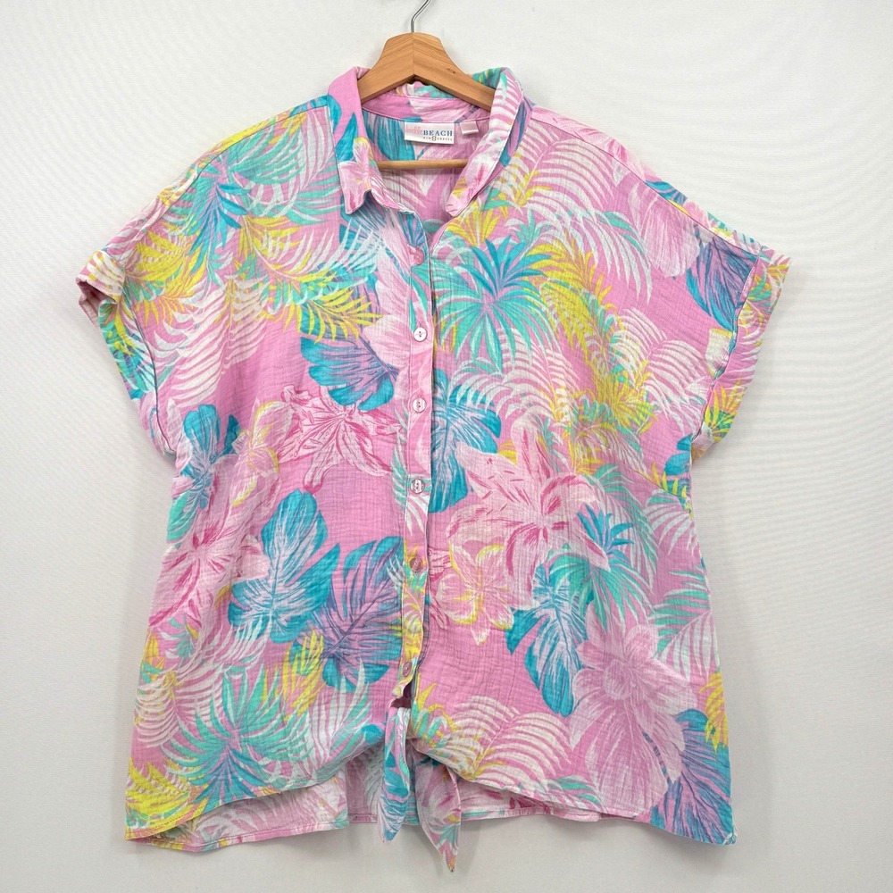 Belle Beach Button Down Top Womens XL Pink Tropical Palm Front Tie Coastal Boho